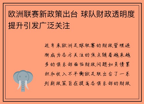 欧洲联赛新政策出台 球队财政透明度提升引发广泛关注